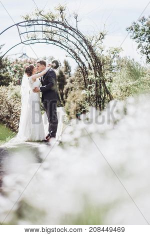 Beautiful Gorgeous Bride And Groom Kissing In Sunny Spring Park And Enjoying Day. Happy Wedding Coup