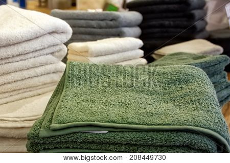 Multicolored Handtowel Closeup Texture Household Object Woven Fabric Folded Green Focus Stacks