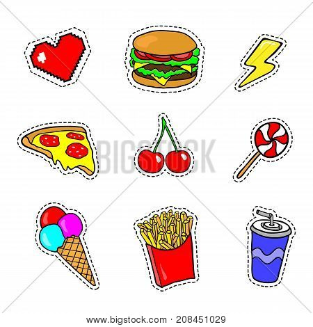Pop art stickers with fast food dessert and other elements. Set of pins patches in cartoon 80s-90s retro comic style.
