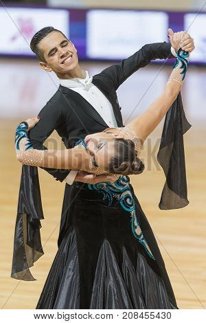 Minsk Belarus-October 7 2017: Dance Couple of Krestianinov Dmitry and Fomina Anna Performs Adults European Standard Program on WDSF International Capital Cup Minsk- 2017 in October 7 2017 in Minsk Belarus.