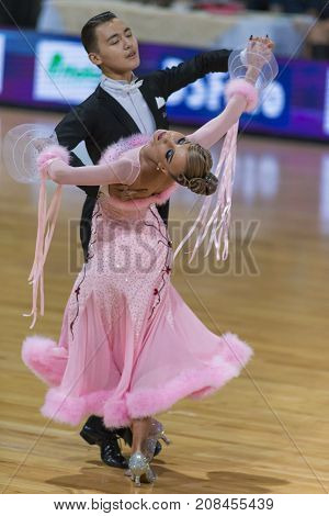 Minsk Belarus-October 7 2017: Unidentified Dance Couple Performs Adults European Standard Program on WDSF International Capital Cup Minsk- 2017 in October 7 2017 in Minsk Belarus.
