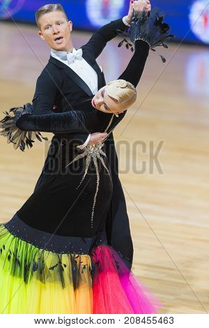 Minsk Belarus-October 7 2017: Dance Couple of Gordeev Ilia and Komarova Daria Performs Adults European Standard Program on WDSF International Capital Cup Minsk- 2017 in October 7 2017 in Minsk Belarus.