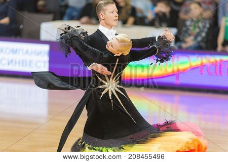 Minsk Belarus-October 7 2017: Dance Couple of Gordeev Ilia and Komarova Daria Performs Adults European Standard Program on WDSF International Capital Cup Minsk- 2017 in October 7 2017 in Minsk Belarus.