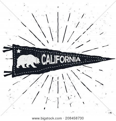 Adventure pennant, Vintage hand drawn flag, California sign, Bear emblem, Retro textured t-shirt template. Travel print with cali symbol. vector