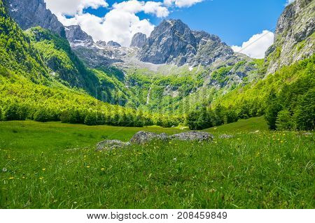 Picturesque Meadows And Forests Are Located Among The High Mountains.