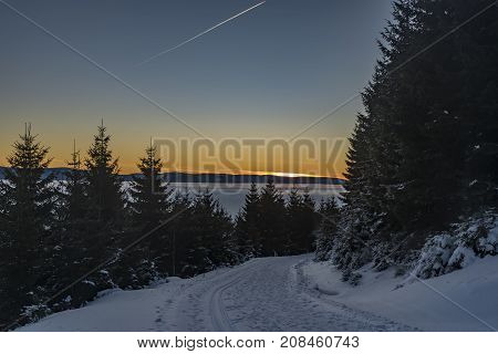 Morning with sunrise in Jeseniky mountains in winter sunny day