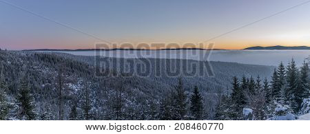 Morning with sunrise in Jeseniky mountains in winter sunny day