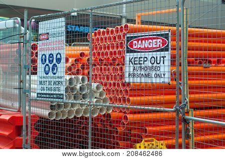 Sydney Australia - August 15 2017: George Street footpath closure. Danger sign indicating pedestrian detour construction access only and road work area.