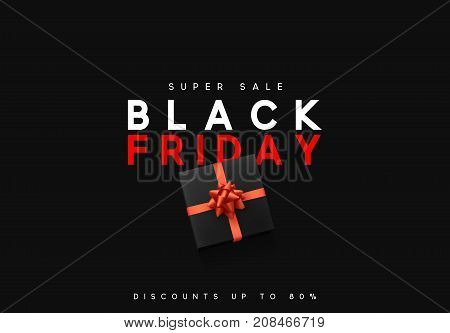 Black Friday sale, banner, poster advert. Card offert promotion design. Background lights bokeh and black gift box with red bow.