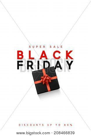 Black Friday sale, banner, poster advert. Card offert promotion design. Background gift box with red bow.