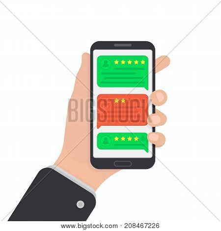User reviews on smartphone. Feedback. Testimonial messages on mobile phone. Review rating in speech bubbles. Good and bad rate. Hand with smartphone. Illustration in flat style.