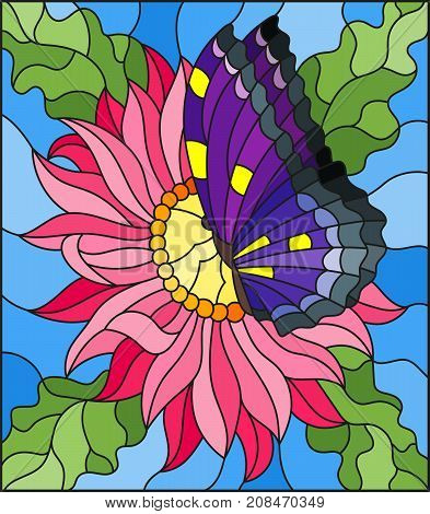 Illustration in stained glass style with a pink Aster flower and bright butterfly on a blue background