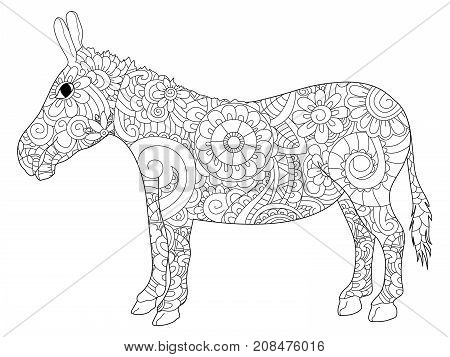 Donkey coloring book for adults raster illustration. Anti-stress coloring for adult ass. Zentangle style jackass. Black and white lines listen goat. Lace pattern brayer and moke