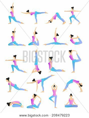 Woman is practicing yoga movements. Vector set of different yoga positions.