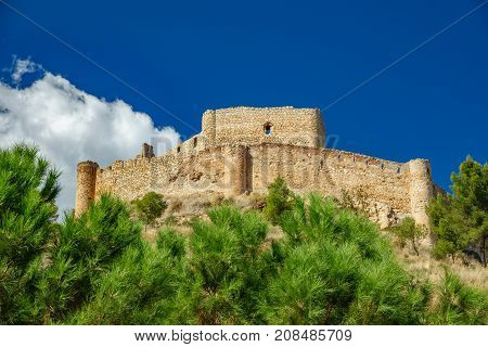 Wide angle of Jalance castle bottom view with pine trees