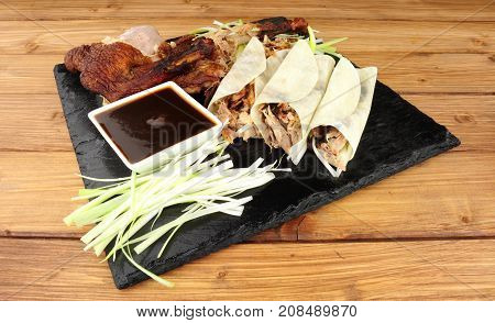 Chinese aromatic roasted duck meat and pancakes meal
