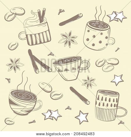 Doodles coffee set. Vector Illustration for breakfast isolated on creamy