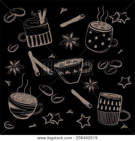 Doodles coffee set. Vector Illustration for breakfast isolated on black background