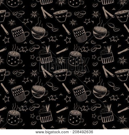 Doodles coffee set. Vector pattern for coffee breakfast on black background