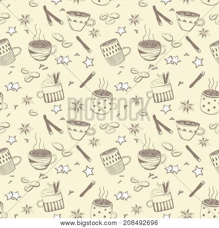 Doodles coffee set. Vector Illustration for breakfast isolated on creamy background