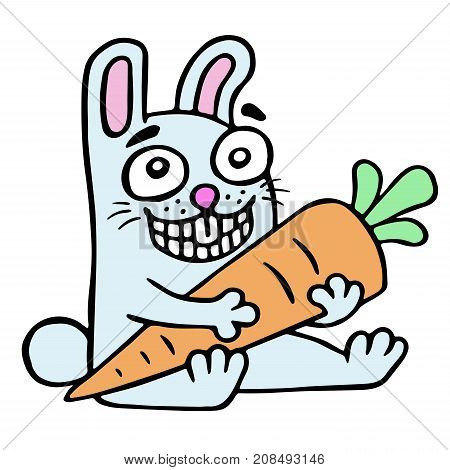 Cute hare stole from the garden carrots. Vector illustration. Cartoon happy character.