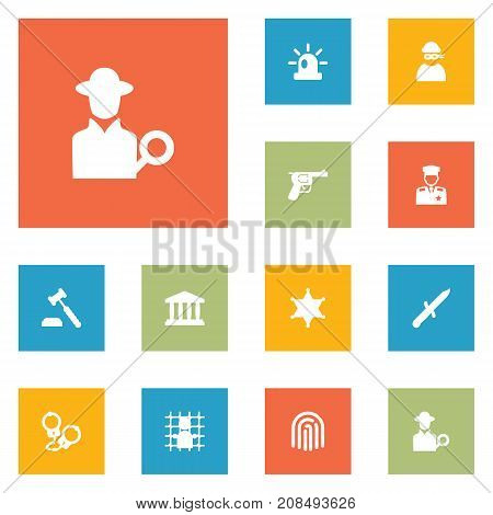 Collection Of Thief, Signal, Manacles And Other Elements.  Set Of 12 Criminal Icons Set.