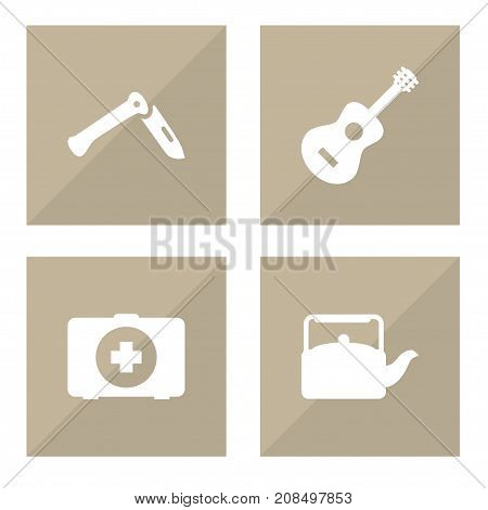 Collection Of Acoustic, Kettle, Jackknife And Other Elements.  Set Of 4 Adventure Icons Set.