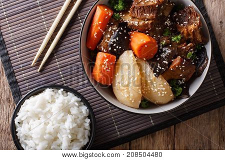 Galbi Jjim Korean Braised Beef Short Ribs With Rice Close-up. Horizontal Top View