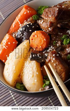 Stewed Korean Short Ribs (kalbi Jim Or Galbi Jjim) macro. Vertical