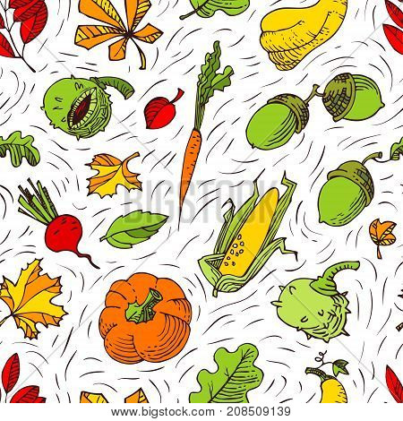Autumn seamless pattern. Fall season background with bright leaves and vegetables. Doodle vector illustration with acorn pumpkin chestnut and corn in line art style.