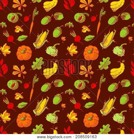 Autumn seamless pattern. Fall season background with bright leaves and vegetables. Doodle vector illustration with acorn pumpkin chestnut and corn in line art style.