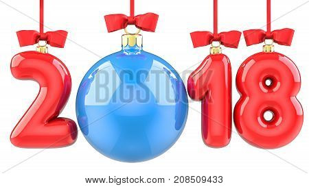 Happy New Year 2018 banner with red ribbon and bow. Text 2018 made in the form of a blue and red Christmas ball. 3D illustration