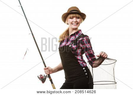 Happy Woman Holding Fishing Rod And Keepnet