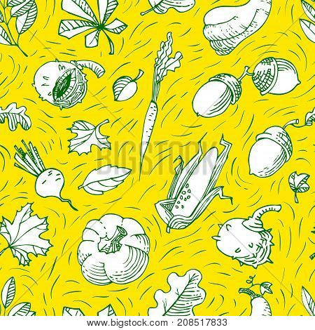 Autumn seamless pattern. Fall season background with bright leaves and vegetables. Doodle vector illustration with acorn pumpkin chestnut and corn in line art style.