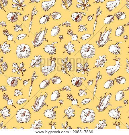 Autumn seamless pattern. Fall season background with leaves and vegetables. Doodle vector illustration with acorn pumpkin chestnut and corn in line art style.