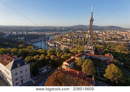 Lyon, France, October 11, 2017 : Saone River And West Districts Of The City From The Roofs Of Basili