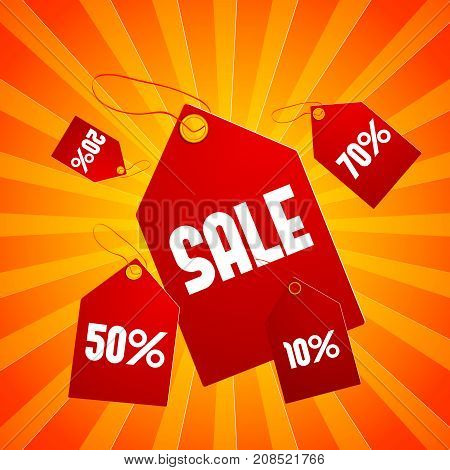 Flying red sale tag set composition with percentages and texts on orange striped background vector illustration