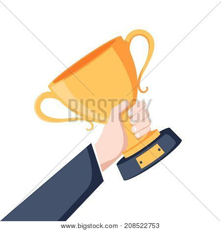 Winning cup in hand. Symbol of success winning championship. Gold trophy. Award bowl. Vector illustration flat design. Isolated on white background. Leadership concept.