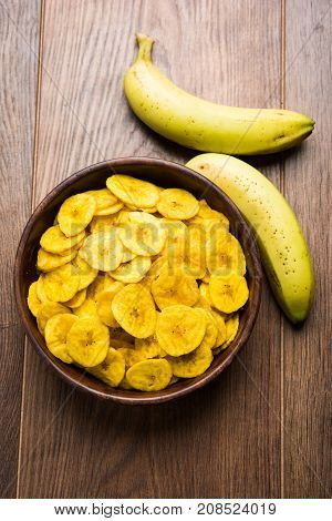 Stock Photo of Healthy Homemade Kela or Banana chips or wafers or Plantain Chips, selective focus