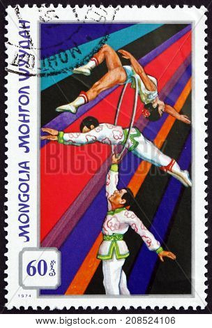 MONGOLIA - CIRCA 1974: a stamp printed in Mongolia shows Acrobats with Ring Mongolian Circus circa 1974
