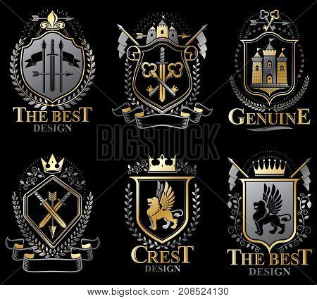 Set of old style heraldry vector emblems vintage illustrations decorated with monarch accessories towers pentagonal stars weapon and armory. Coat of Arms collection.