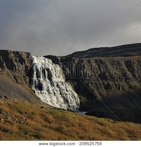 Famous waterfall Dynjandi, also named Fjalfoss. Westfjords of Iceland.