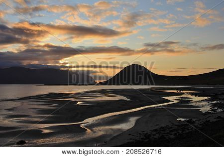 Sunset scene in the Dyarafjoerdur Iceland. West fjords.