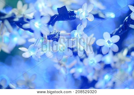 Christmas Led Lights In The Form Of Flowers, Blue Bokeh, Selected Focus