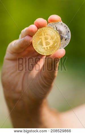 A man's hand holds a gold and silver coin bitcoin against a background of green grass