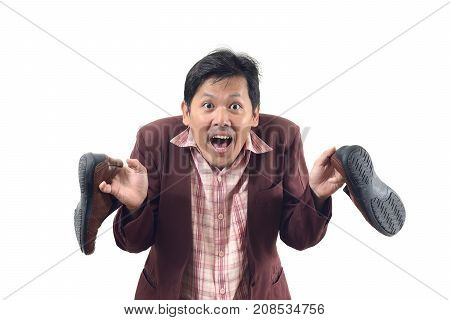 Crazy Businessman Holding Shoes And Panic Attack, Do Not Get Me Wrong Isolate On White Background