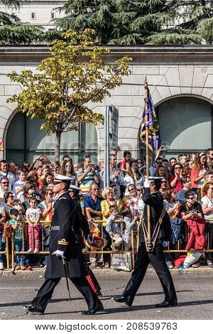 Madrid Spain - October 12 2017: Soldiers marching in Spanish National Day Army Parade. Several troops take part in the army parade for Spain's National Day.