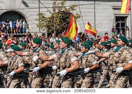 Madrid Spain - October 12 2017: Soldiers marching in Spanish National Day Army Parade. Several troops take part in the army parade for Spain's National Day.
