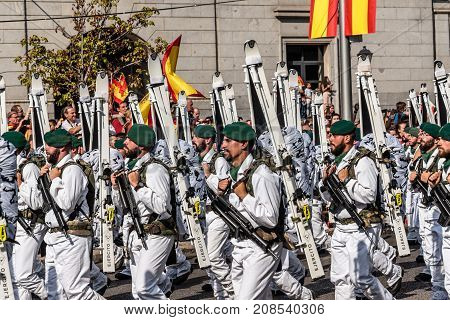 Madrid Spain - October 12 2017: Mountain soldiers marching in Spanish National Day Army Parade. Several troops take part in the army parade for Spain's National Day.
