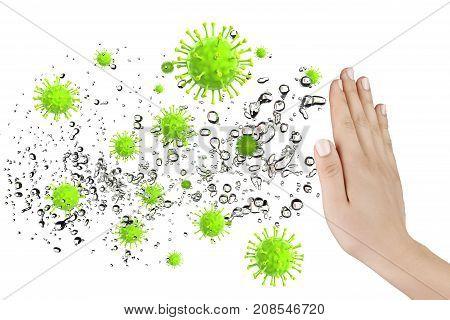 Hand defending some virus and bacteria 3D rendering